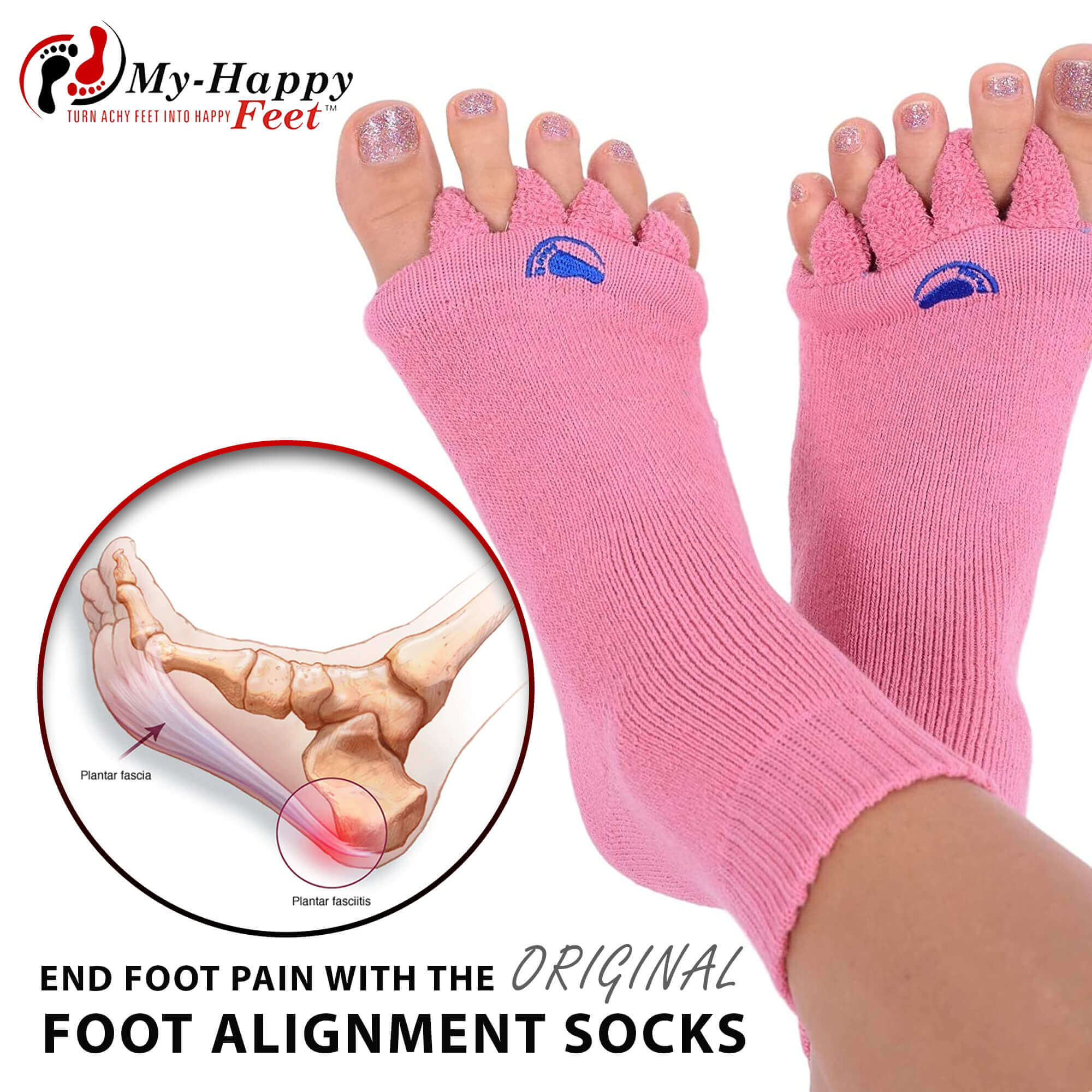 Foot Alignment Socks with Toe Separators by My Happy Feet | for Men or  Women | Pink - (Medium)